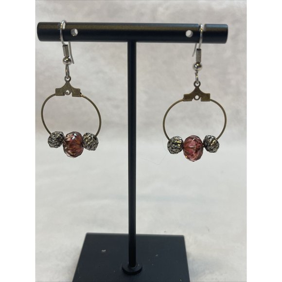 Womens Fishhook Beaded Earrings Goldtone With Purple/brown Beads - Picture 1 of 7